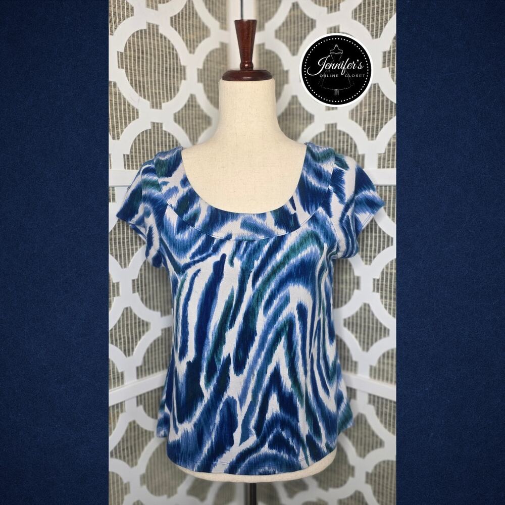 Rafaella Petite White Blue Green Scoop Neck Cap Sleeve Knit Top Size PL